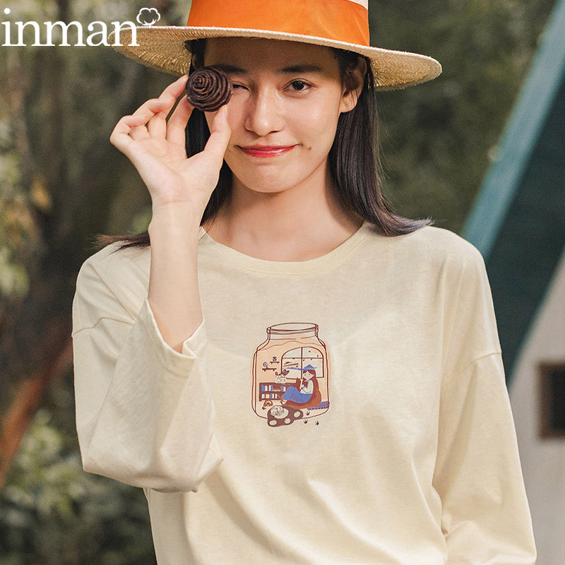 茵曼旗舰店女装2020秋季新款茵蔓七分袖上衣中袖t恤衫打底九分袖