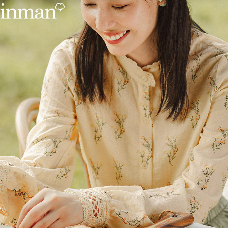 茵曼旗舰店2020年新款女装碎花衬衫上衣立领衬衣秋装长袖百搭茵蔓