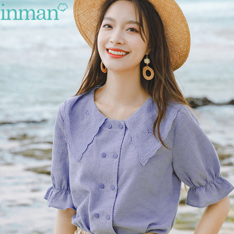 茵曼官方旗舰店夏茵蔓纯棉衬衣娃娃领衬衫女装甜美洋气少女学院风