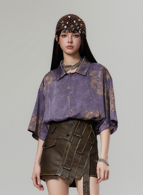 FGXS 国风新中式蒲公英图案休闲紫色衬衫夏季新款男女情侣衬衣潮