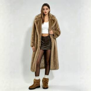 速卖通欧美秋冬加长款仿皮草西服领外套女大衣人造毛皮草外套