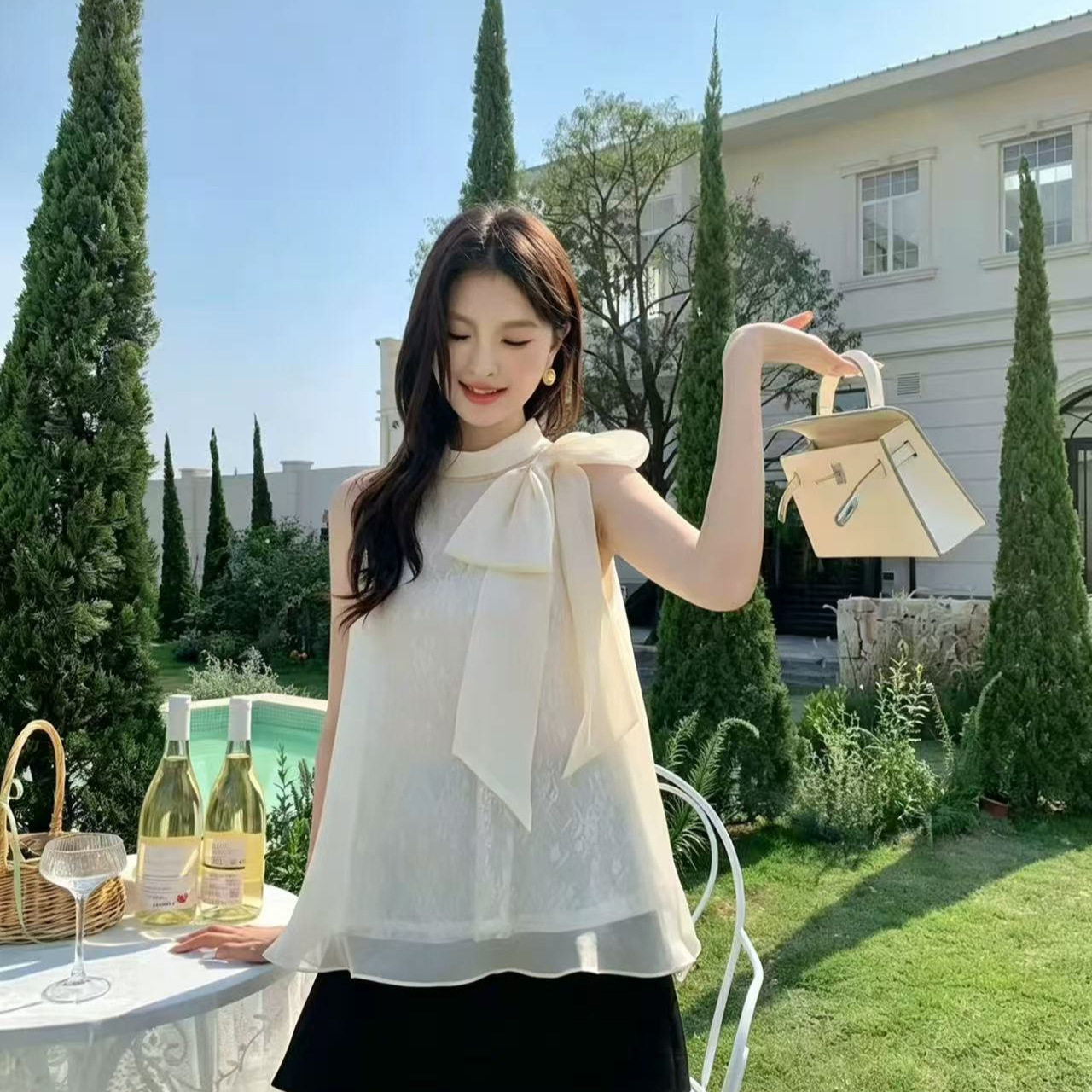 2026新款天丝提花无袖衬衫女夏新款洋气飘带显瘦百搭设计感不规上