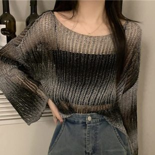 空调罩衫 宽松慵懒薄款 设计感针织上衣 女夏季 渐变色镂空冰丝防晒衫