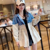 新款 女装 流行牛仔拼接收腰连帽学生外套 风衣女短款 小个子2019秋季