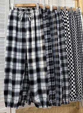 有口袋冰丝格子裤女2023新款裤子宽松显瘦夏季薄款九分灯笼裤
