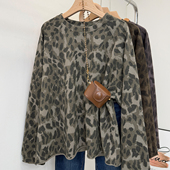 打底衫 欧货纯棉卷边豹纹长袖 t恤女圆领宽松插肩袖 春秋遮肉上衣潮