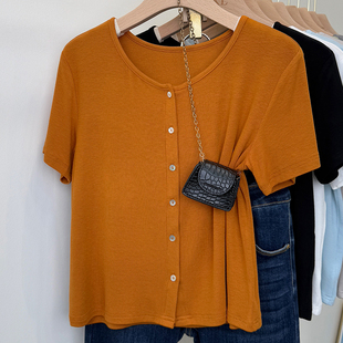 夏日单排扣薄款两穿短袖t恤女2025弹力圆领正肩遮肉外搭小开衫ins