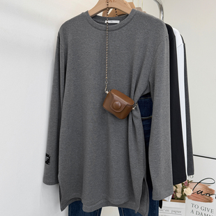 女薄绒开叉下摆设计中长款 t恤衫 上衣 高个子遮屁股长袖 搭配鲨鱼裤