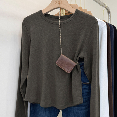 高级感修身短款t恤女2026早春显瘦净版圆领长袖打底衫内搭上衣潮