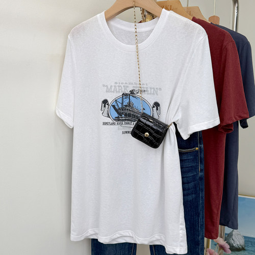 夏季薄款轮船印花短袖t恤女