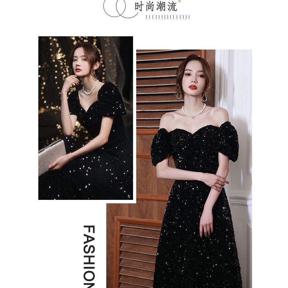 黑色亮片晚礼服裙女宴会名