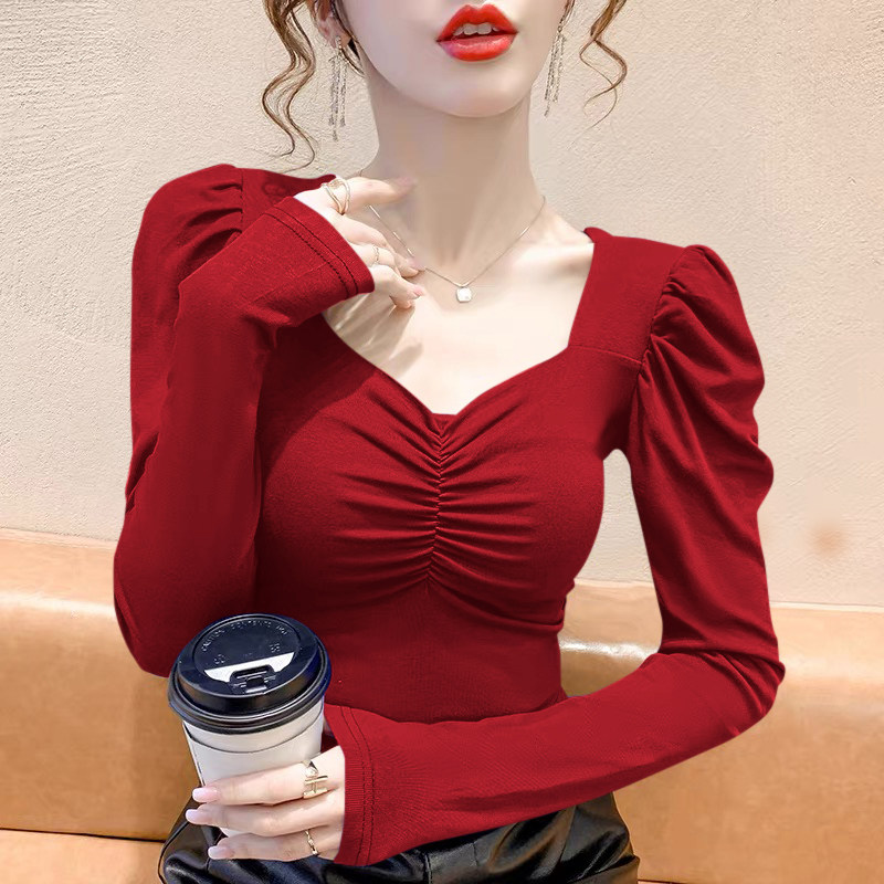 黑色方领性感打底衫女内搭独特别致绝美小上衣紧身复古泡泡袖t恤