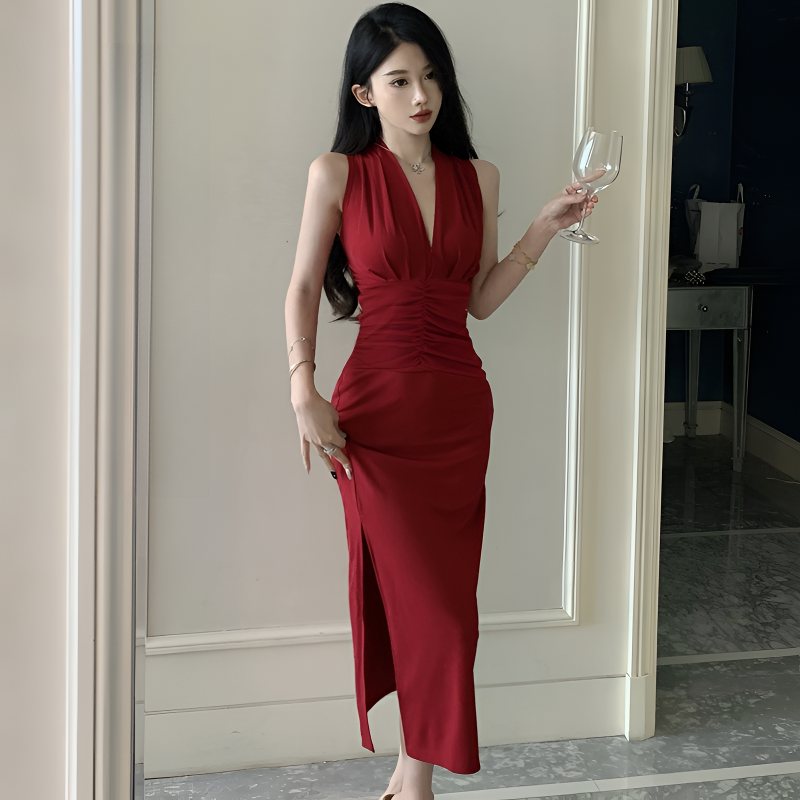 法式气质v领无袖连衣裙