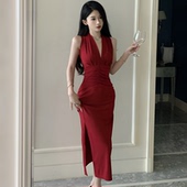 法式 新款 气质v领无袖 连衣裙赫本风高级感裙子收腰显瘦长裙女夏季