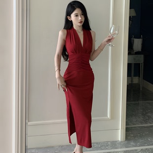 新款 连衣裙赫本风高级感裙子收腰显瘦长裙女夏季 气质v领无袖 法式