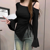显瘦打底衫 t恤修身 露肩上衣女不规则抽绳长袖 辣妹纯欲风气质时尚