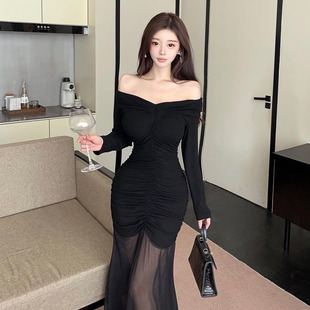 法式气质辣妹网纱拼接一字肩褶皱收腰显瘦包臀长款收腰连衣裙女秋