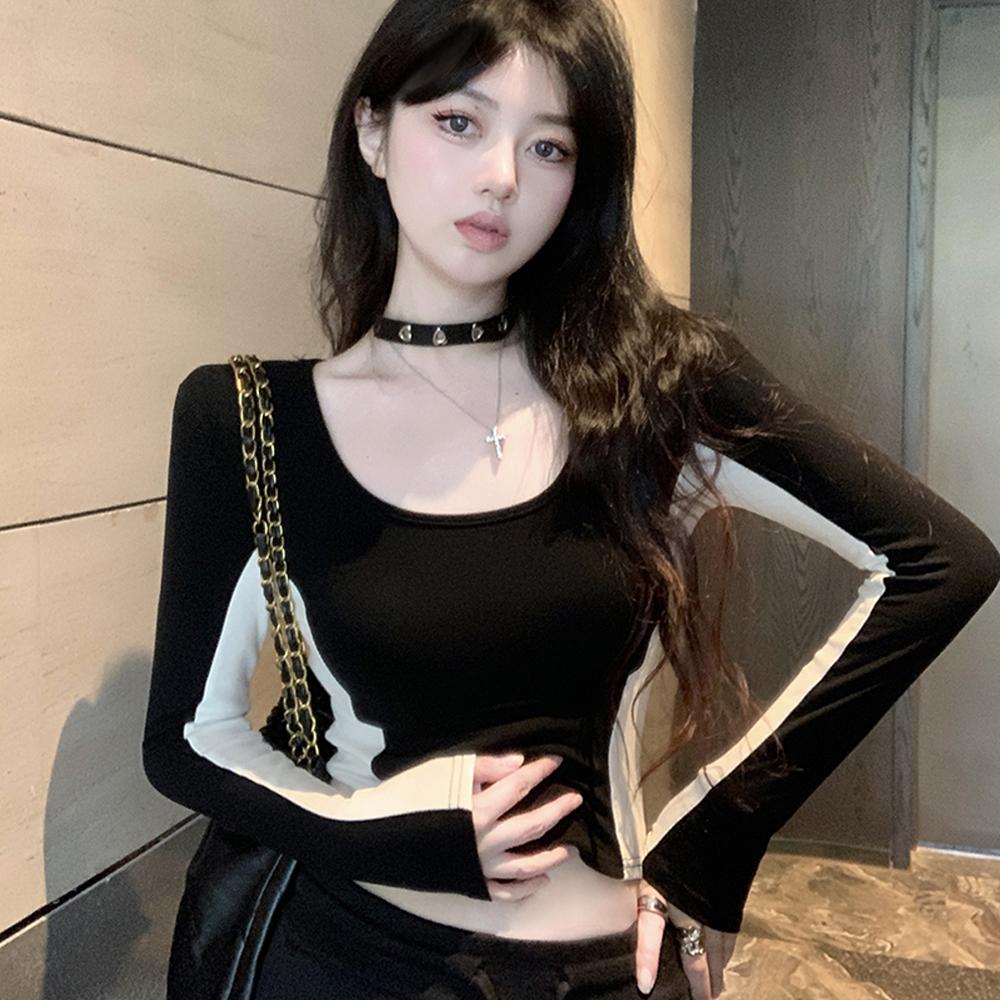 纯欲辣妹撞色U领修身长袖上衣女