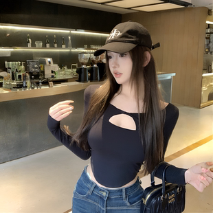 纯欲风设计感小众气质打底衫长袖女修身显瘦秋冬新款镂空别致上衣