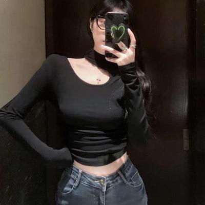 斜肩露锁骨上衣女半高领黑色打底衫修身显瘦长袖镂空T恤内搭秋季