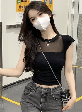 辣妹纯欲别致绝美短款小上衣女黑色网纱正肩T恤紧身露脐卡腰小衫