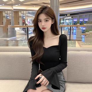 春秋季独特辣妹方领锁骨t恤修身显瘦打底衫纯欲风短款上衣女内搭