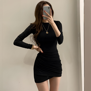 辣妹修身长袖连衣裙女韩版秋季2025新款收腰紧身性感包臀短裙气质