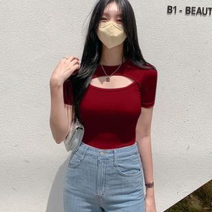 多巴胺镂空圆领短袖T恤女夏季绝美紧身显瘦辣妹短上衣心机打底衫