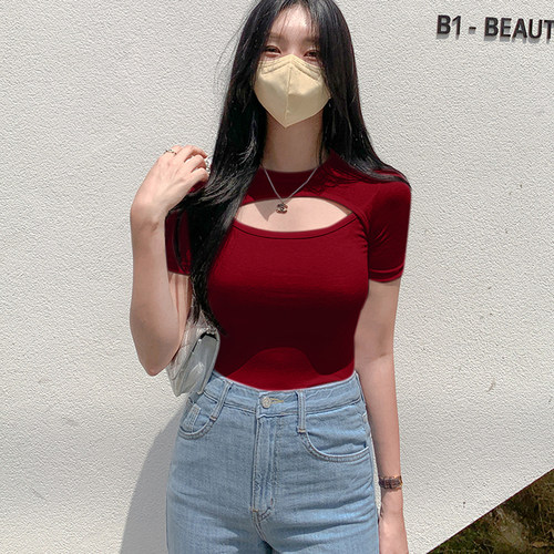 镂空紧身圆领短袖T恤女夏季上衣