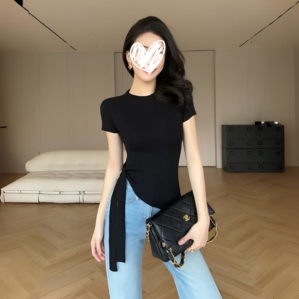 纯欲辣妹圆领绑带短袖上衣女图片