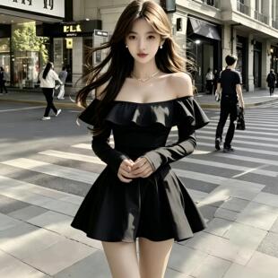 辣妹性感荷叶边一字肩长袖连衣裙女早秋新款气质短款轻奢A字裙子