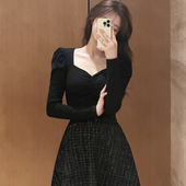 黑色加绒打底衫 辣妹纯欲风性感上衣女款 气质方领T恤短款 秋冬内搭