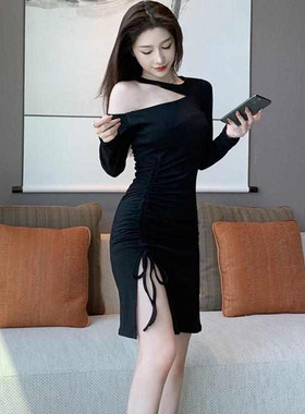 斜肩连衣裙女不规则中长款裙子