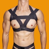 D.M男士 肩带派对纯色丝光缕空胸带夜店表演个性 肌肉男字母潮弹力