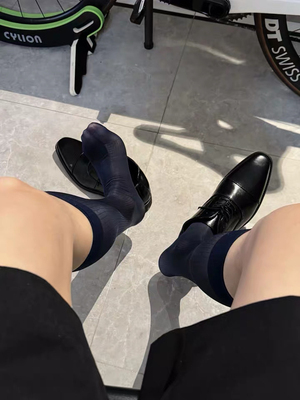 D.M男士长筒袜黑丝商务正装丝袜中筒袜子男袜透明透气夏竖条超薄