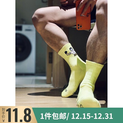 潮卡通图案字母个性风毛圈棉袜