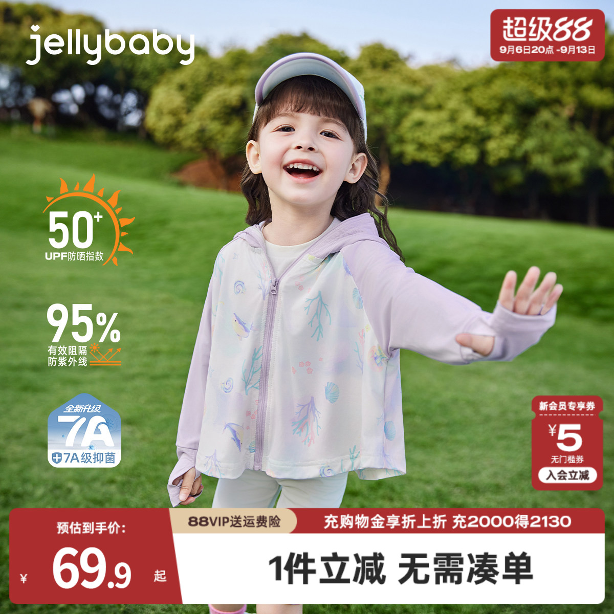 [凉感]杰里贝比女童防晒外套夏季宝宝薄款开衫男童速干衣儿童衣服图片