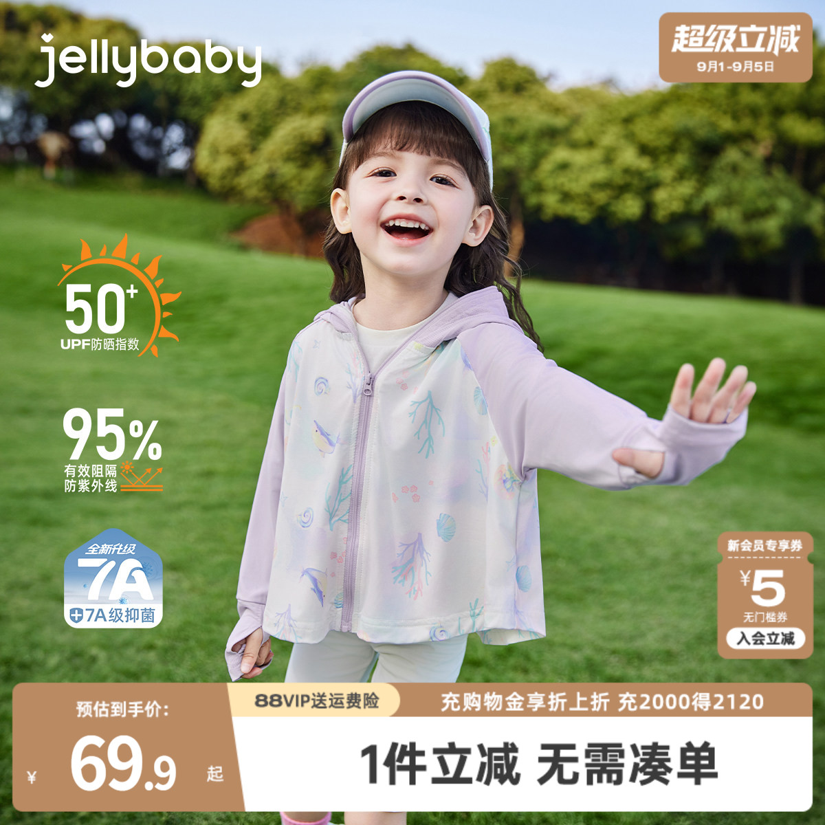[凉感]杰里贝比女童防晒外套夏季宝宝薄款开衫男童速干衣儿童衣服图片