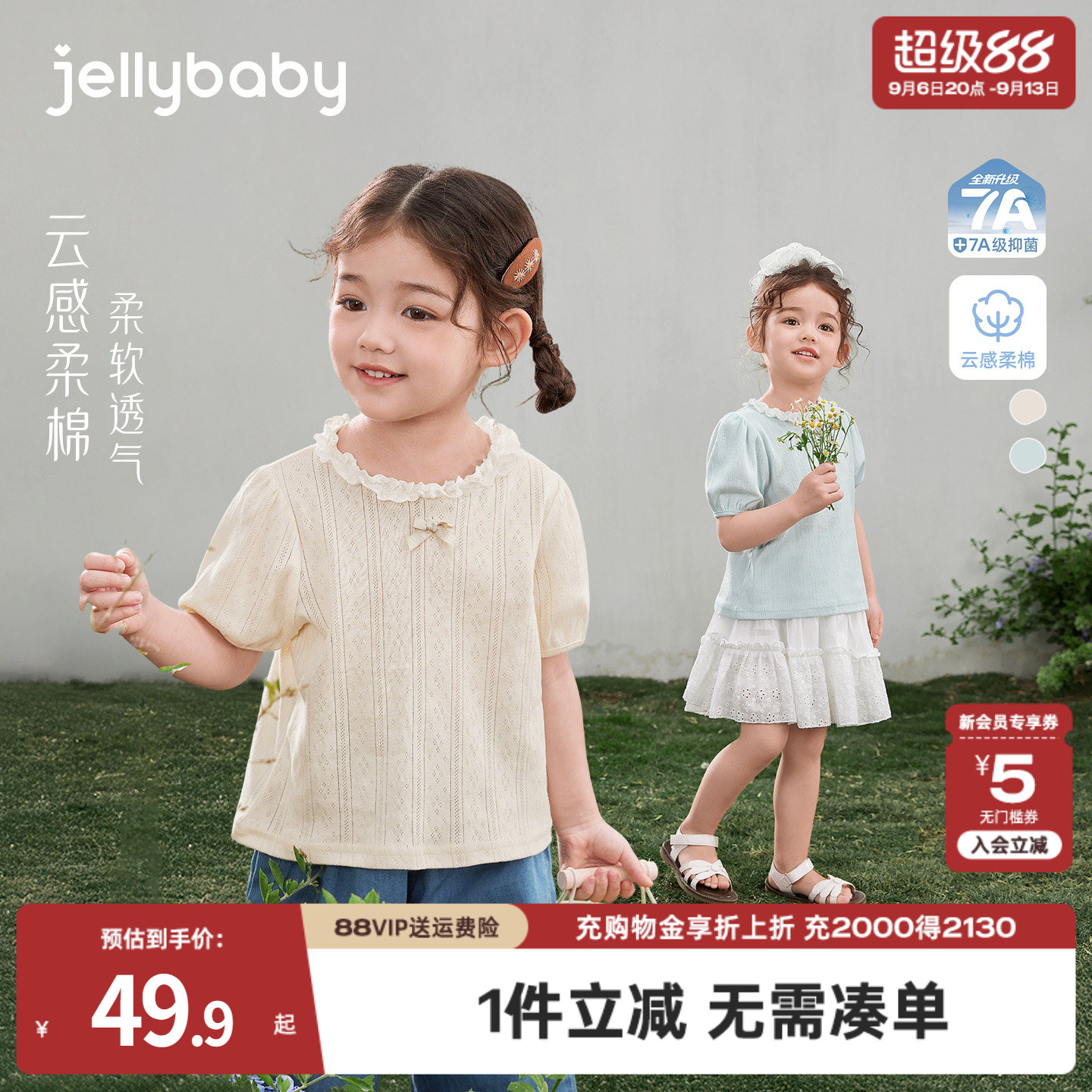 女童花边圆领短袖T恤2026新款夏季儿童纯棉法式上衣宝宝休闲夏装图片
