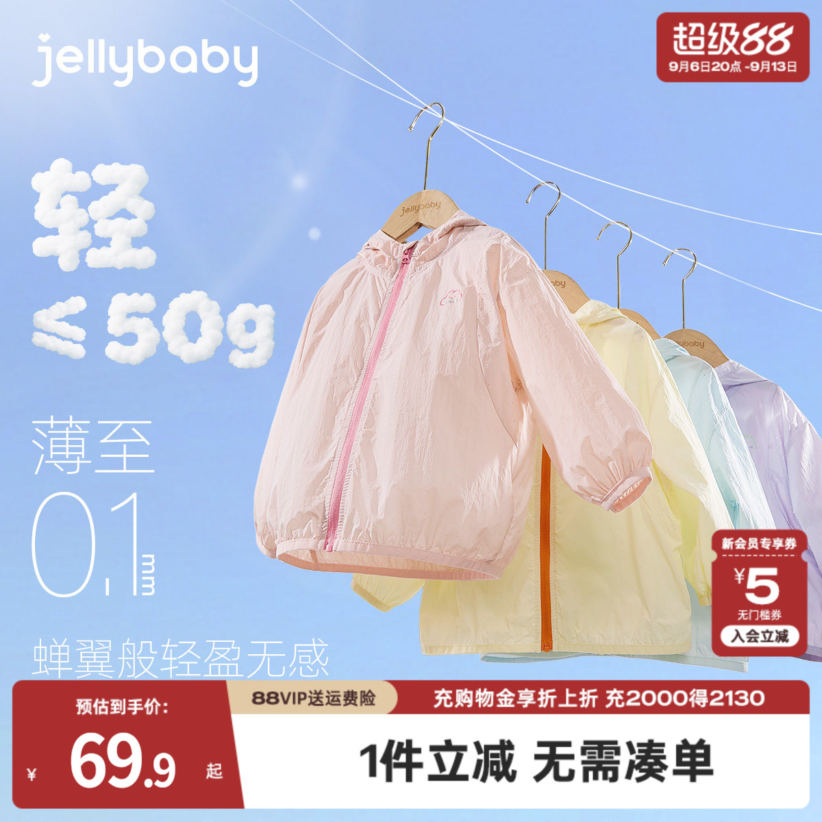 jellybaby儿童防晒衣夏季女童透气男童户外衣服薄款上衣亲子外套图片