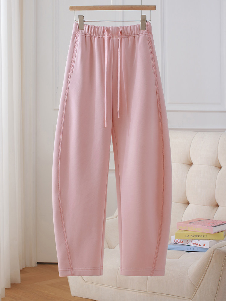 粉色弯刀裤女士秋冬新款松紧腰休闲香蕉阔腿裤宽松显瘦运动卫裤子