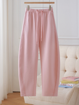 粉色弯刀裤女士秋冬新款松紧腰休闲香蕉阔腿裤宽松显瘦运动卫裤子