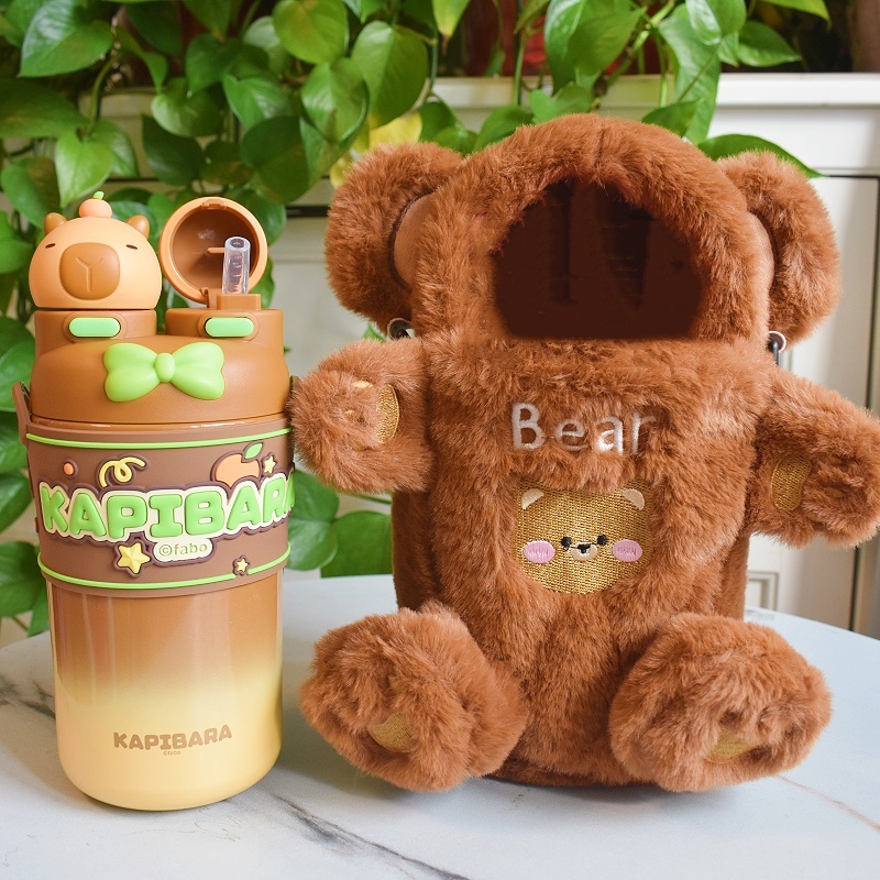 美美cup卡通保温杯双饮带杯套