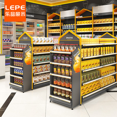 乐品 超市货架展示架美宜佳便利店零食架子商店单双面钢木置物架