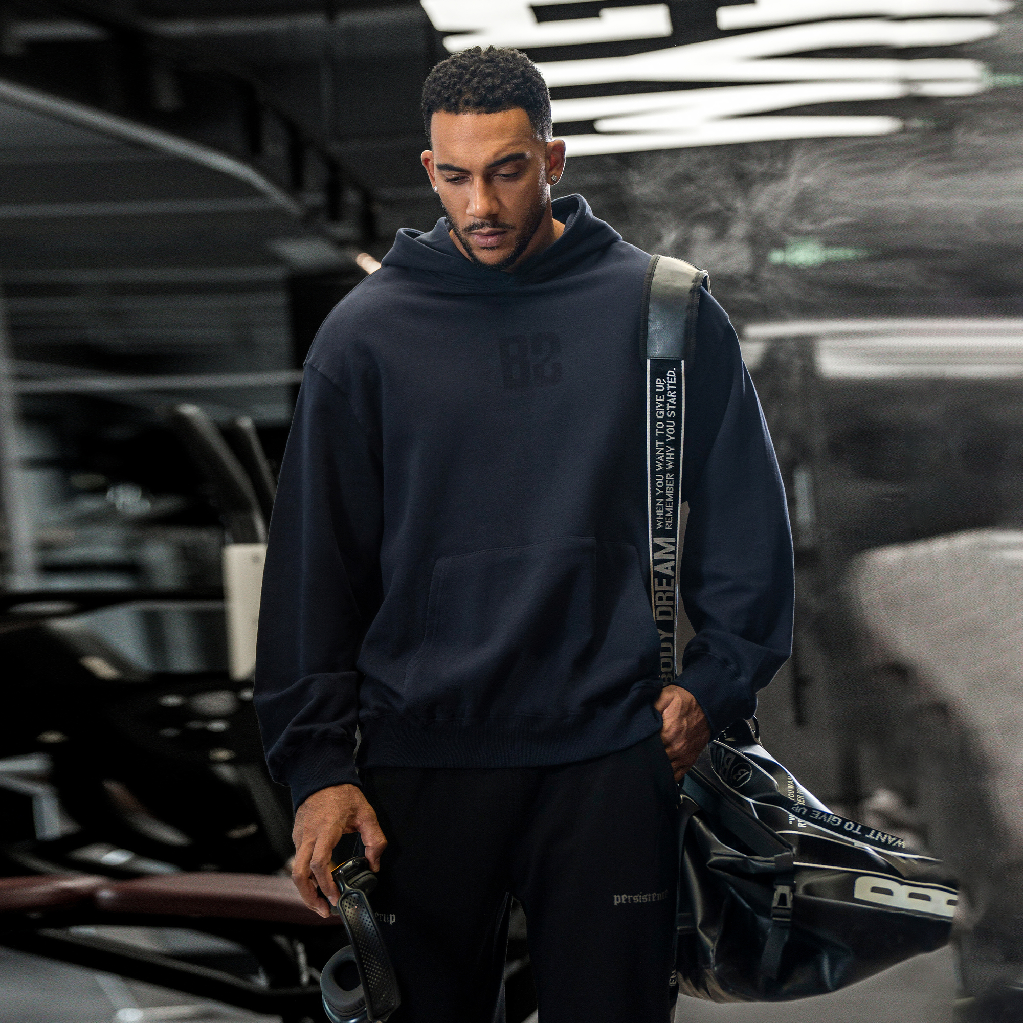 bdpowerup复古连帽套头上衣秋季纯棉时尚印花运动卫衣男宽松