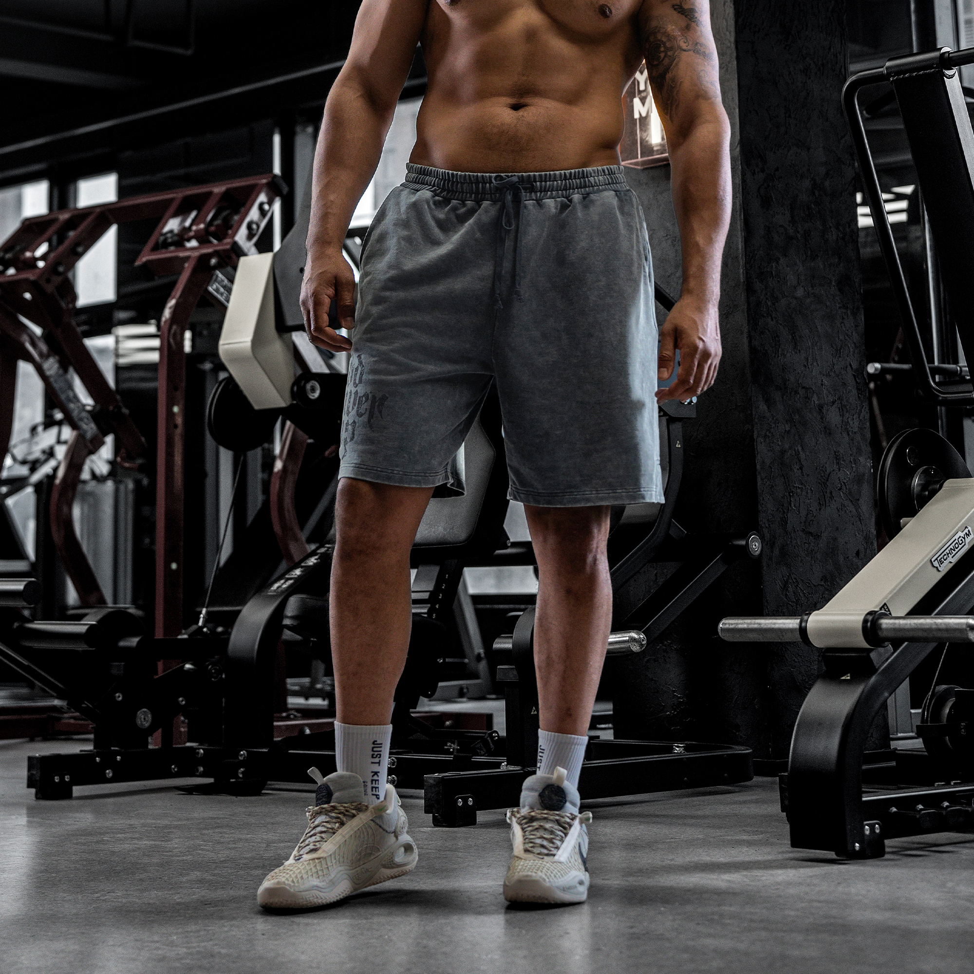 bdpowerup夏季纯棉复古美式短裤时尚印花直筒运动短裤男宽松