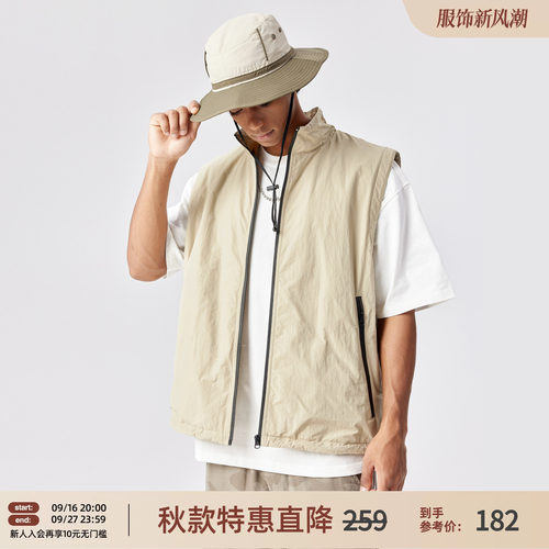 立领拉链梭织薄绒工装马甲