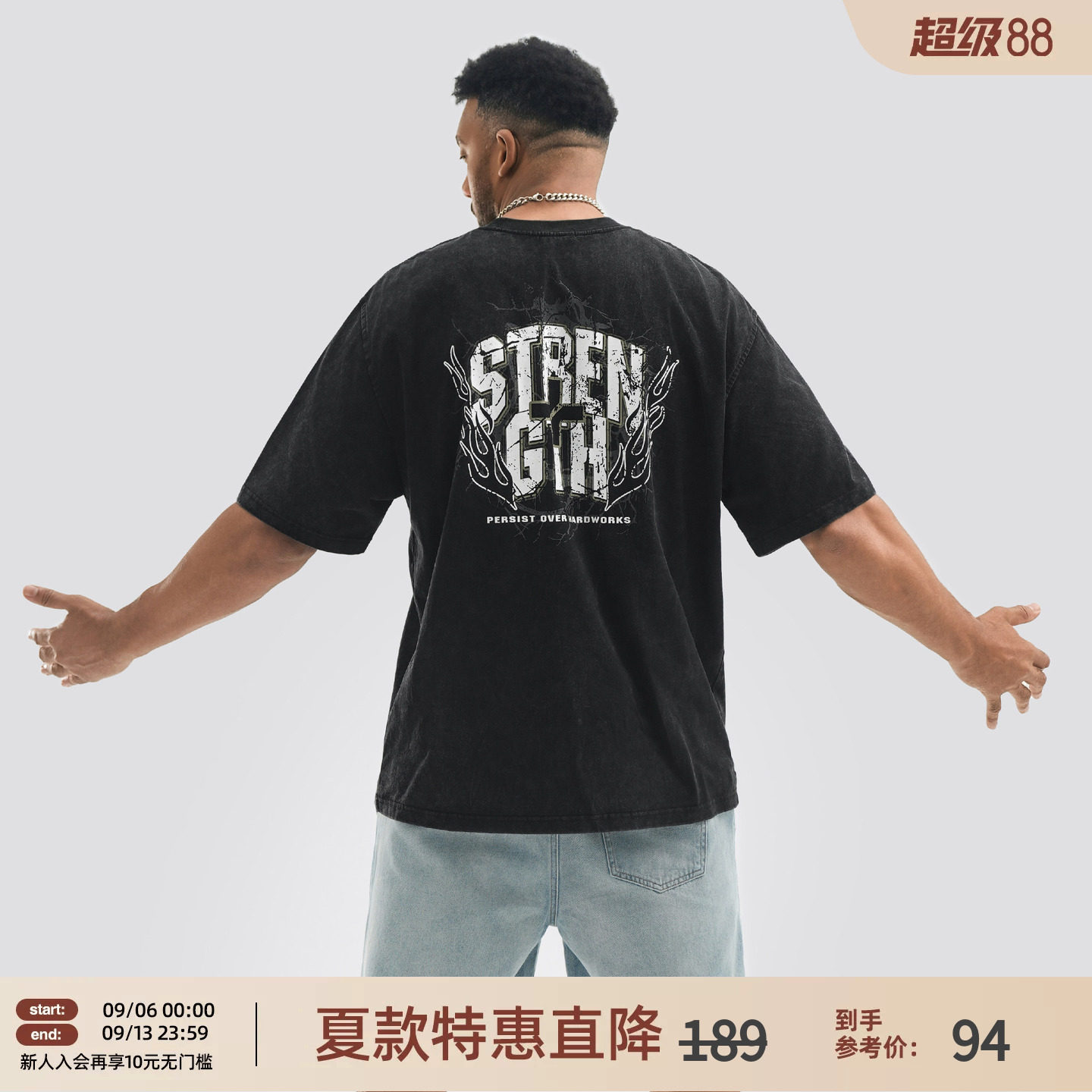 BD夏季美式复古黑色短袖简约大码印花圆领运动t恤男宽松