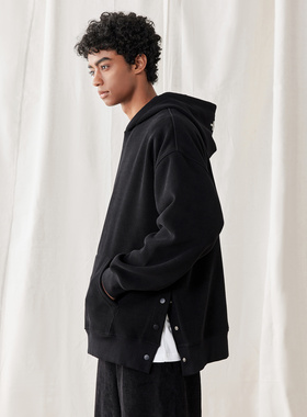 bdpowerup秋季肌理感套头上衣简约侧排扣运动卫衣男宽松纯色帽衫