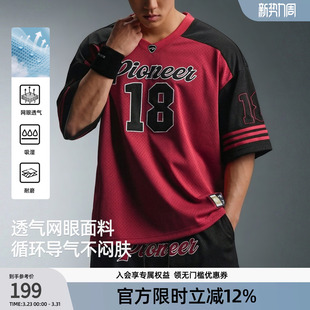 透气宽松篮球球衣 复古运动健身T恤夏季 BD重磅网眼短袖 男小V领美式